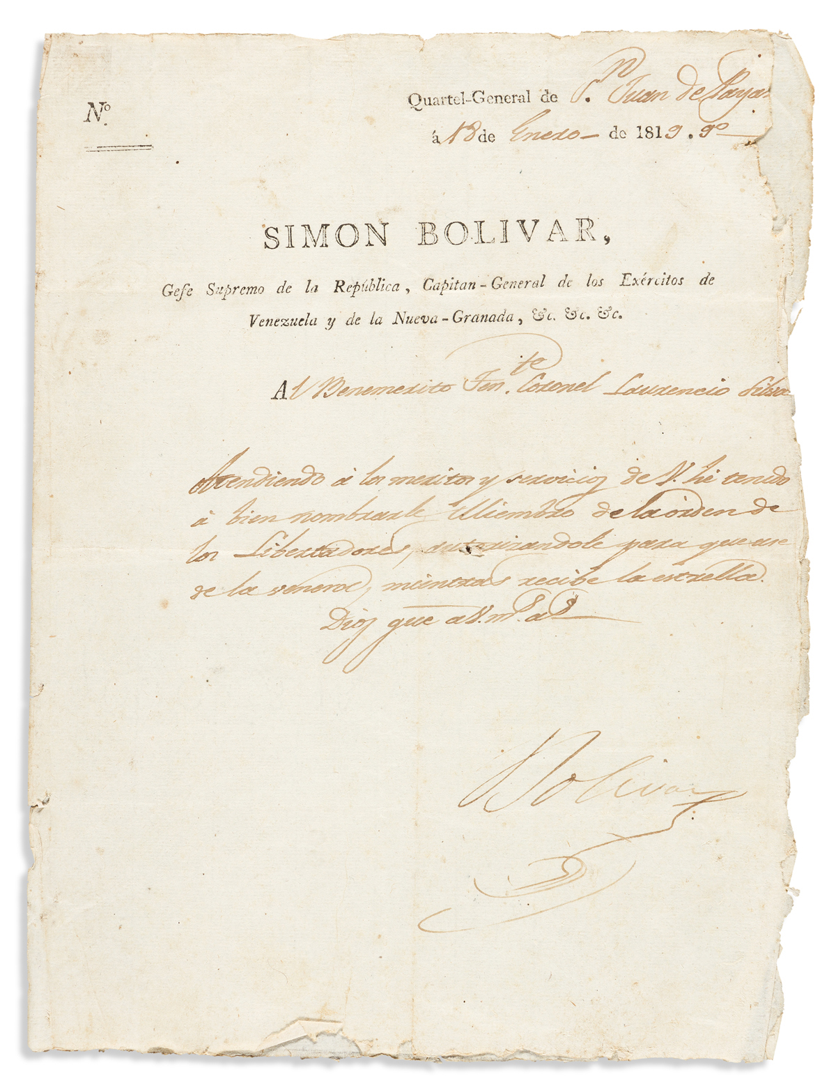 (SOUTH AMERICA.) BOLÍVAR, SIMÓN. Letter Signed, Bolivar, as President of Venezuela, to Lt. Col. Laurencio Silva, in Spanish,